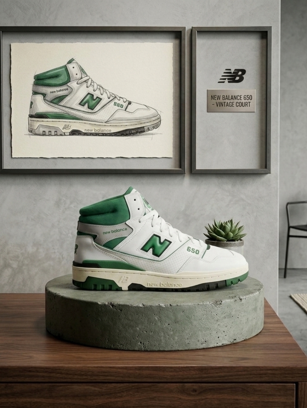 Mens Size 8.5, New Balance 650 White w/Green Basketball Sneakers, New In Box